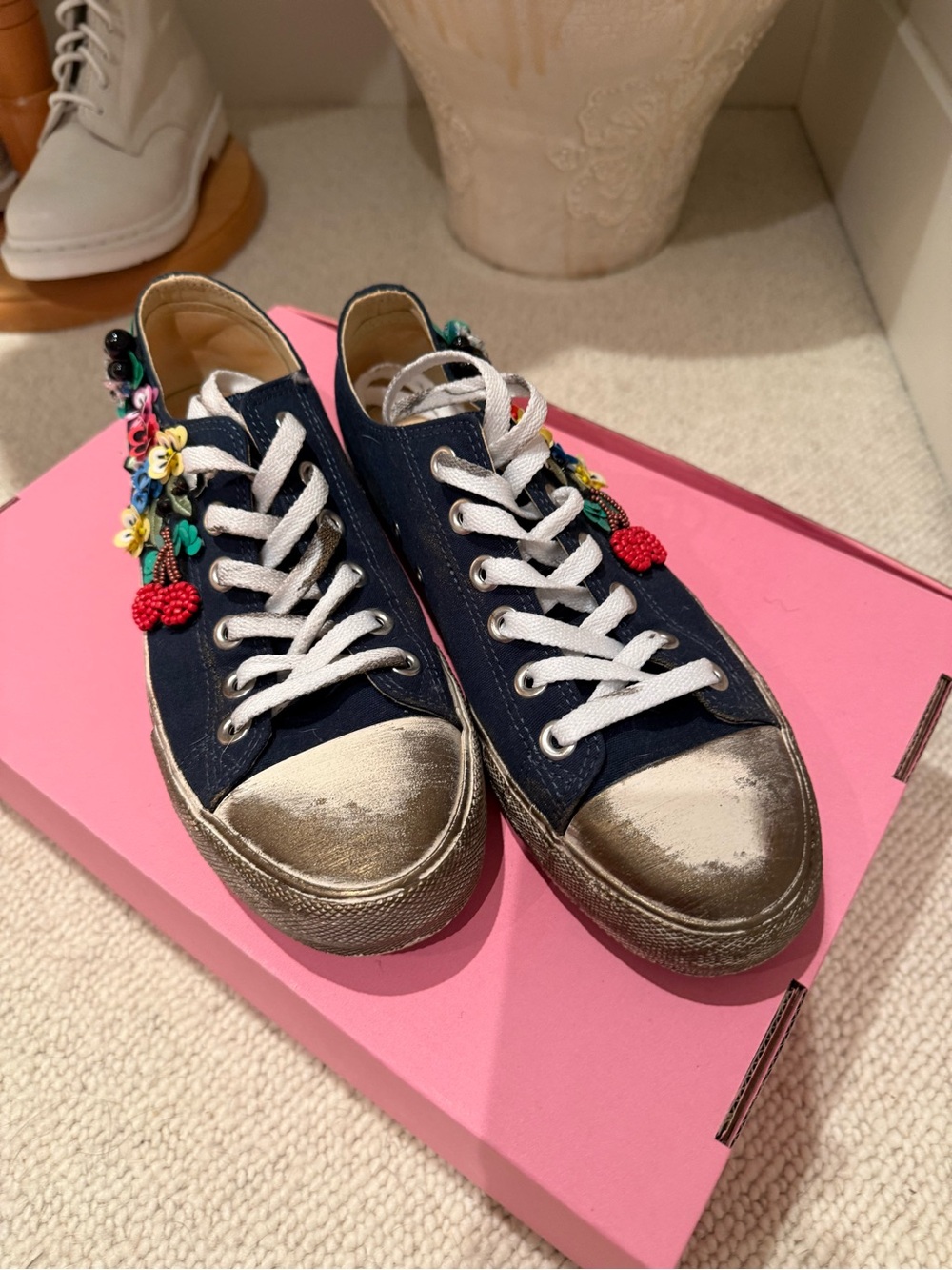 Women’s Navy Canvas Sneakers with Embroidered Floral Charms